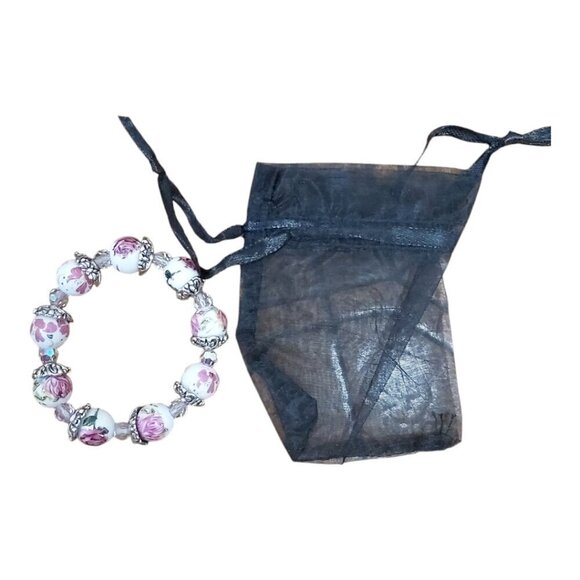 7 Inch Rose Ceramic & Czech AB Crystal Bead Bracelet - Metal Cap Flower Spacers - Picture 4 of 4